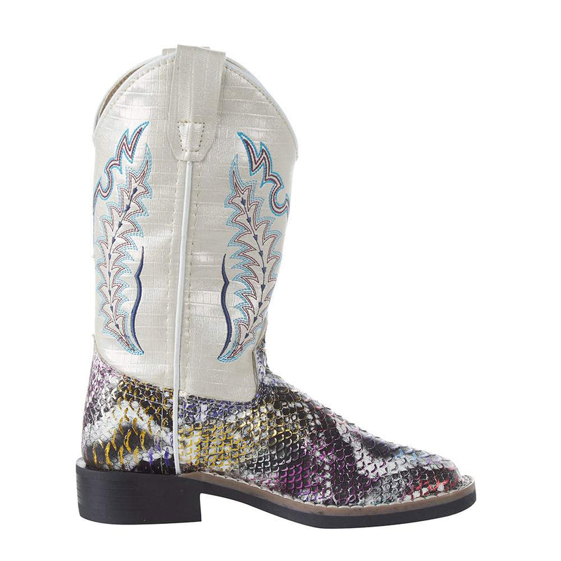 Old West Children's Multi Colored Snake Print Cream Shaft Boot