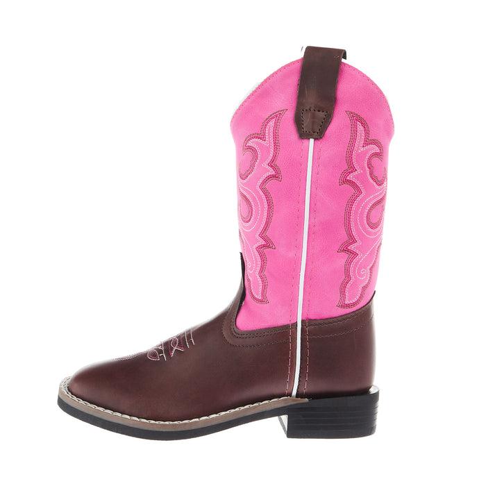 Old West Childrens Dark Brown Square Toe with Pink Shaft Boot
