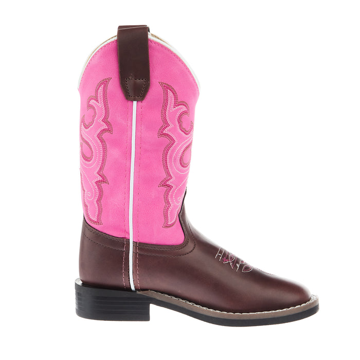 Old West Childrens Dark Brown Square Toe with Pink Shaft Boot