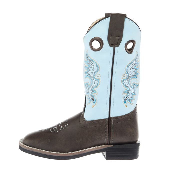 Old West Childrens Dark Brown Square Toe with Sky Blue Shaft Boot