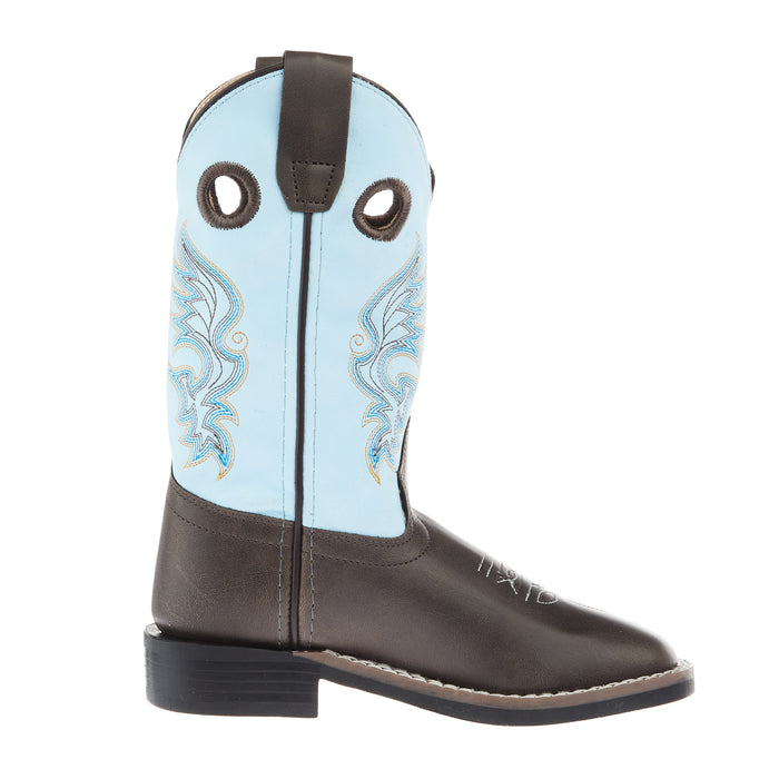 Old West Childrens Dark Brown Square Toe with Sky Blue Shaft Boot
