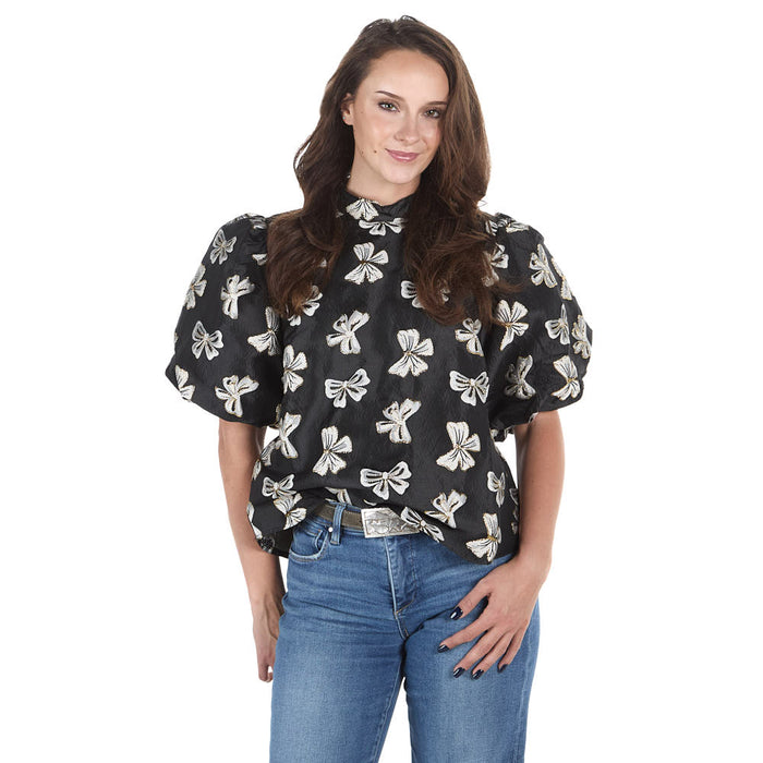 Thml Clothing Women's Black Puff Sleeve Bow Top