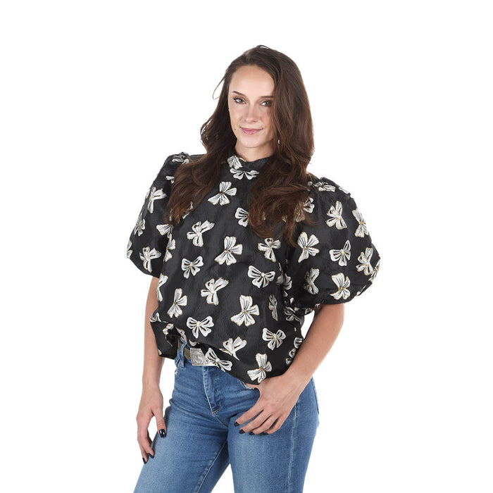 Thml Clothing Women's Black Puff Sleeve Bow Top
