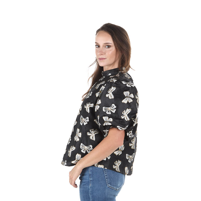 Thml Clothing Women's Black Puff Sleeve Bow Top