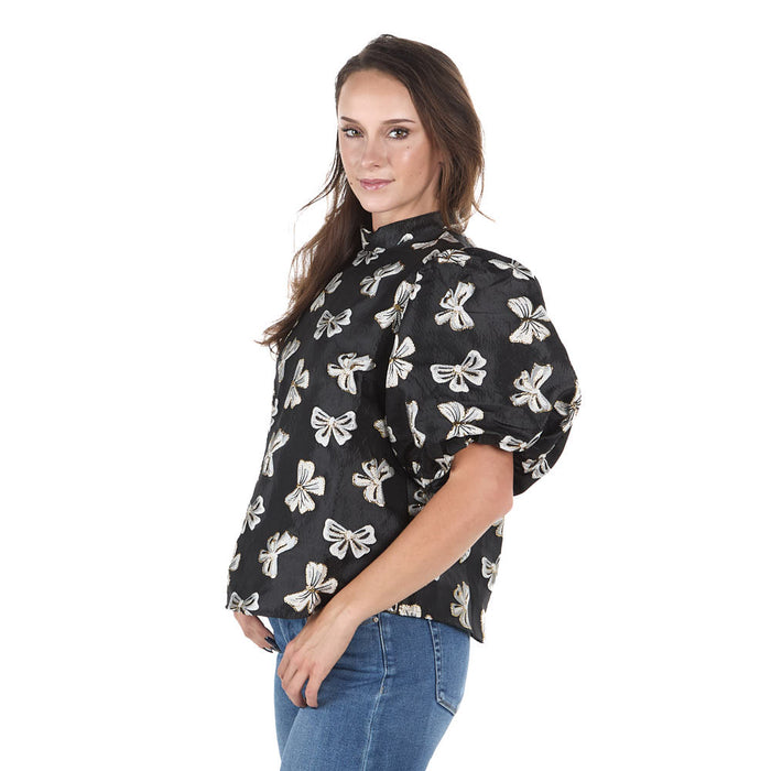 Thml Clothing Women's Black Puff Sleeve Bow Top