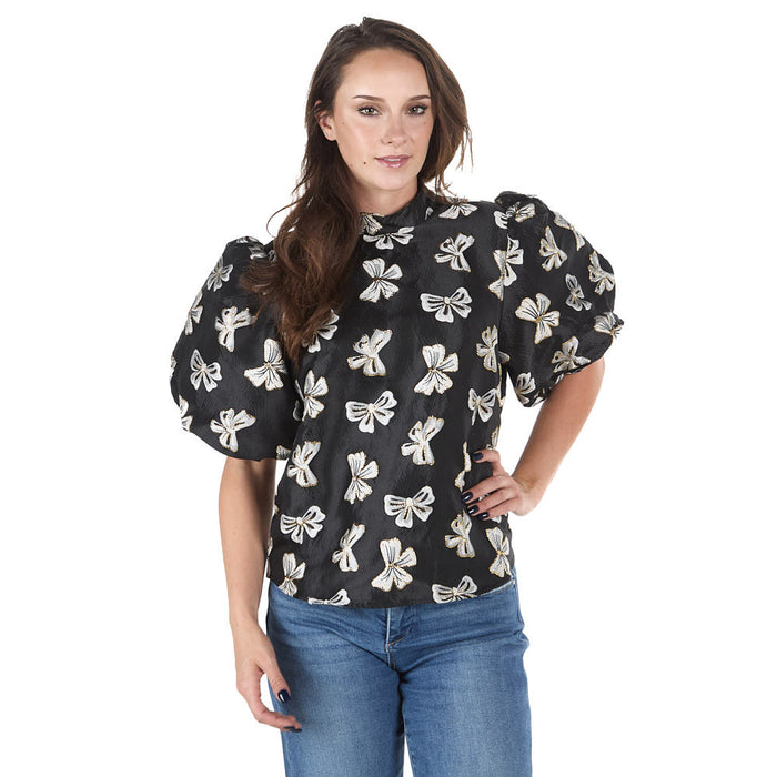 Thml Clothing Women's Black Puff Sleeve Bow Top