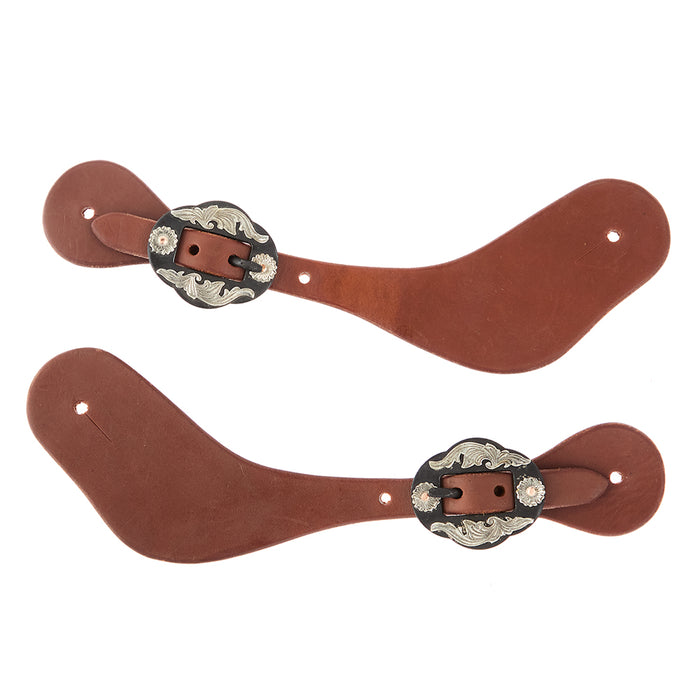 WD Tack Mens Oiled Dove Wing Spur Straps with Double Flower Buckles