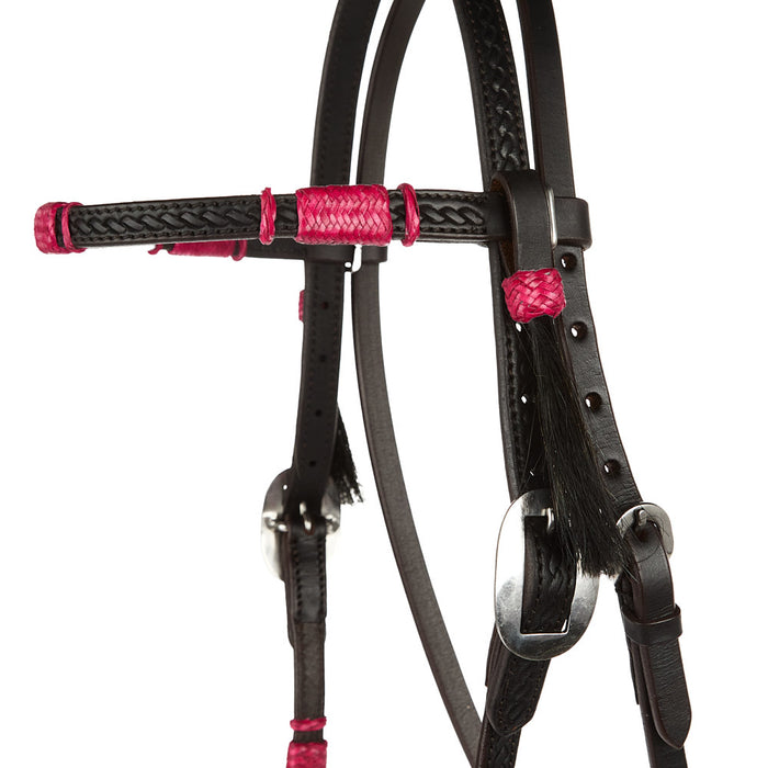 WD Tack Hot Pink Rawhide Rope Tooled Browband Headstall