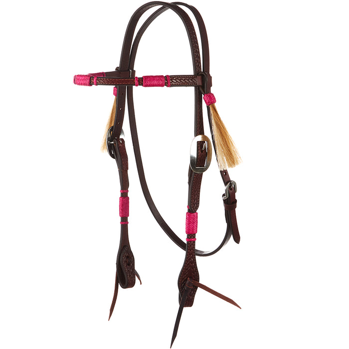 WD Tack Hot Pink Rawhide Rope Tooled Browband Headstall
