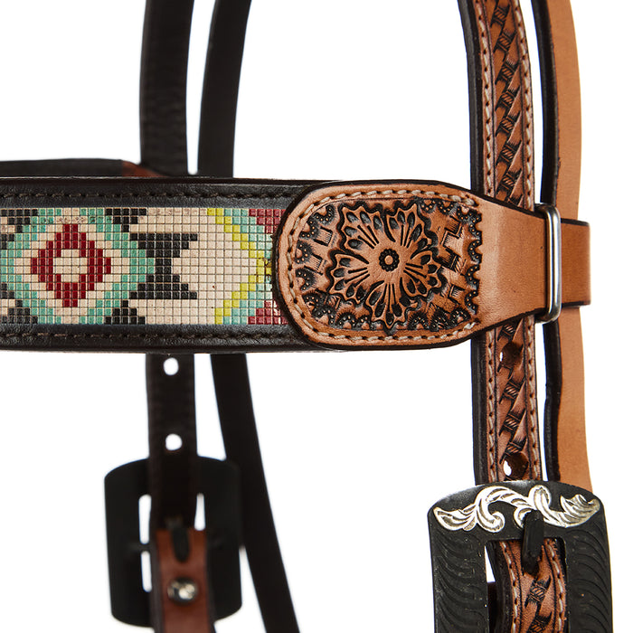 WD Tack Turquoise and Rust Embossed Beadwork Browband Headstall