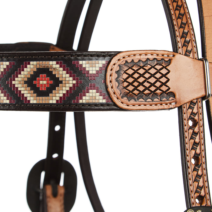 WD Tack Burgundy/Cream Embossed Beadwork Browband Headstall