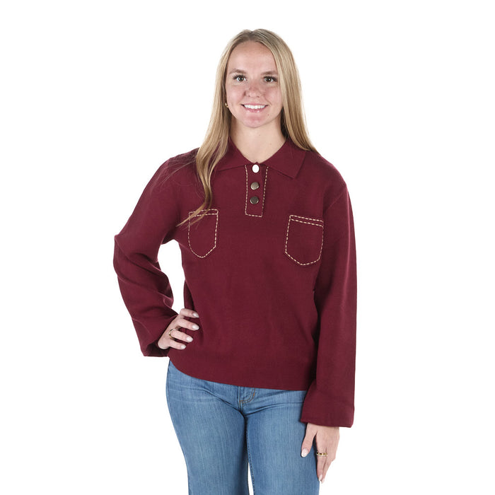 Thml Clothing Women's Burgundy Polo Collar Top