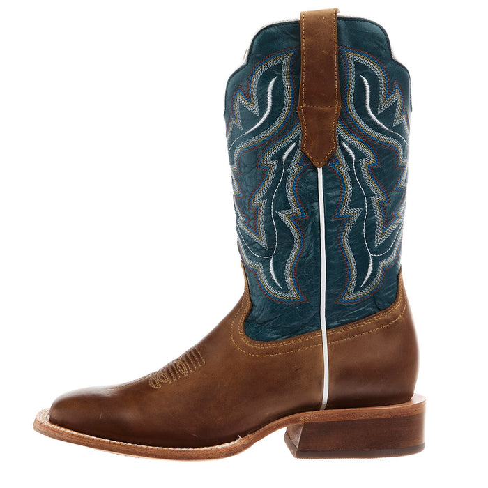 Rw Ranch Women's Sundial Brown Goat Vamp 11 in Blue Cowhide Top Cowgirl Boot