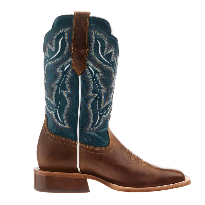 Rw Ranch Women's Sundial Brown Goat Vamp 11 in Blue Cowhide Top Cowgirl Boot