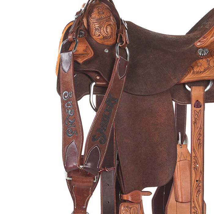 Burns Saddlery Chocolate Two-Tone Floral Tooled 15.5in Team Roping Saddle