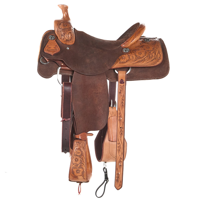Burns Saddlery Chocolate Two-Tone Floral Tooled 15.5in Team Roping Saddle