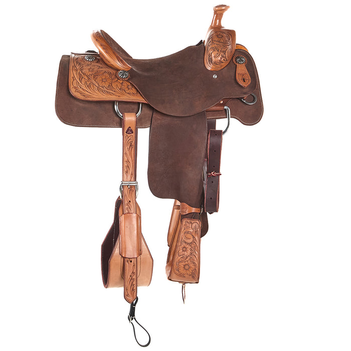 Burns Saddlery Chocolate Two-Tone Floral Tooled 15.5in Team Roping Saddle