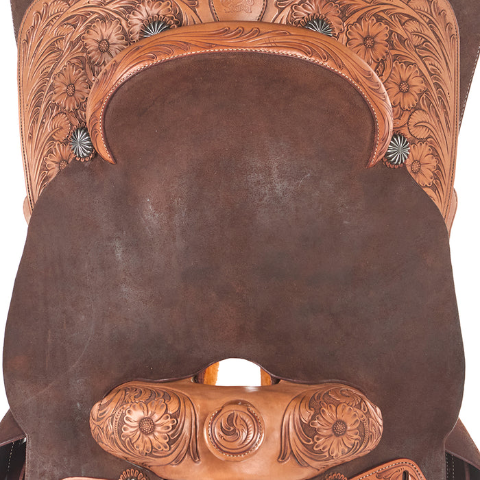 Burns Saddlery Chocolate Two-Tone Floral Tooled 15.5in Team Roping Saddle