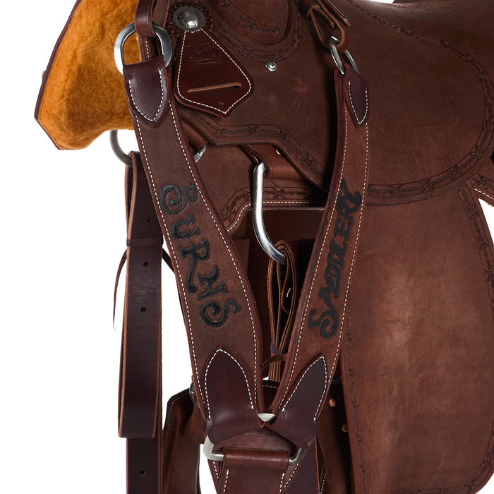 Burns Saddlery Chocolate Roughout Barbed Wire Border 16in Team Roping Saddle