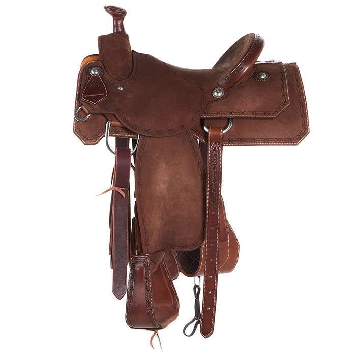 Burns Saddlery Chocolate Roughout Barbed Wire Border 16in Team Roping Saddle