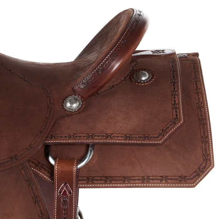 Burns Saddlery Chocolate Roughout Barbed Wire Border 16in Team Roping Saddle