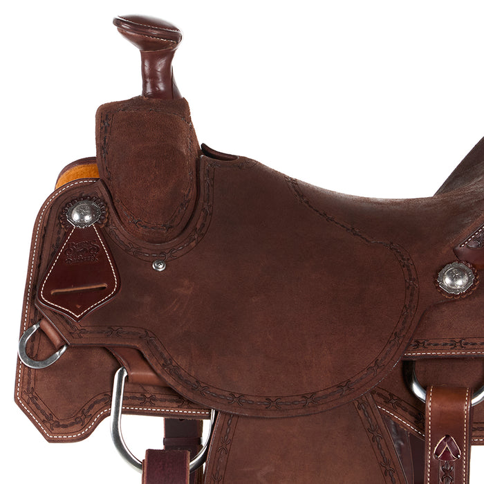 Burns Saddlery Chocolate Roughout Barbed Wire Border 16in Team Roping Saddle