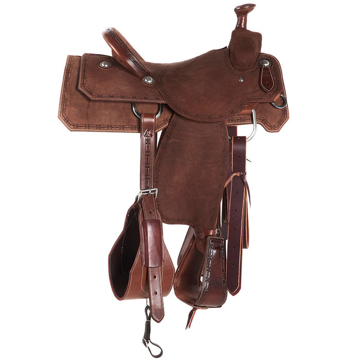 Burns Saddlery Chocolate Roughout Barbed Wire Border 16in Team Roping Saddle
