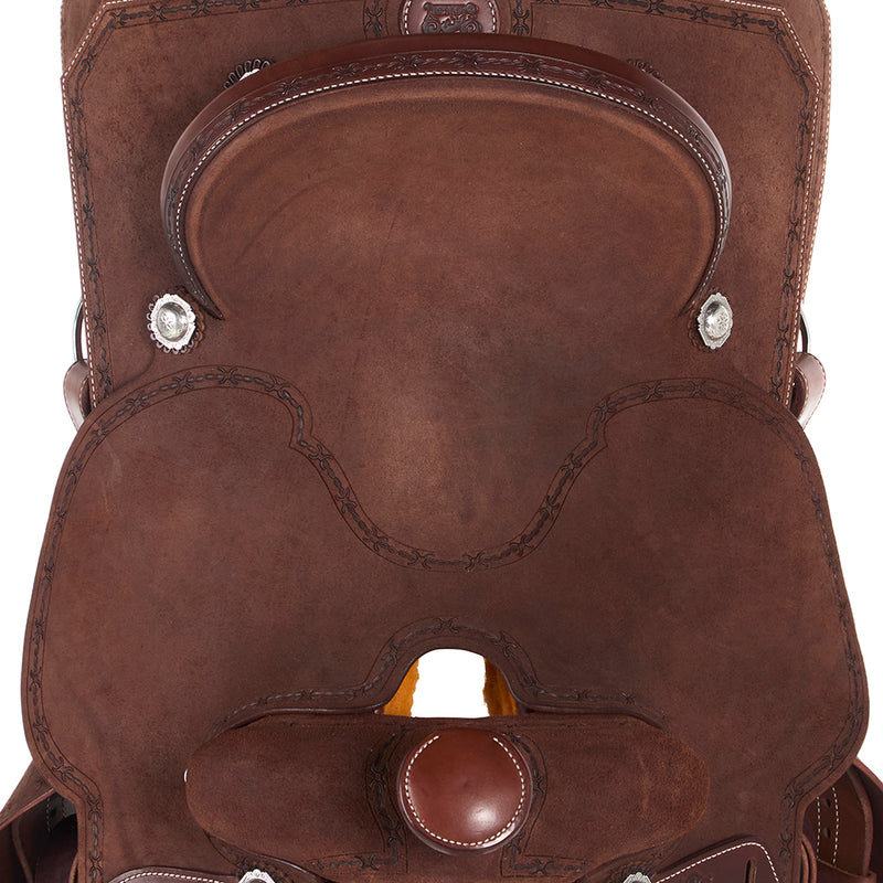 Burns Saddlery Chocolate Roughout Barbed Wire Border 16in Team Roping Saddle