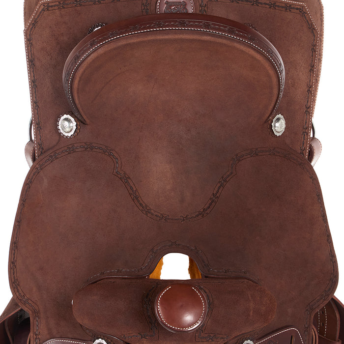 Burns Saddlery Chocolate Roughout Barbed Wire Border 16in Team Roping Saddle