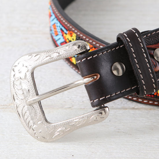 Western Fashion Men's Beaded Floral Tooled Belt