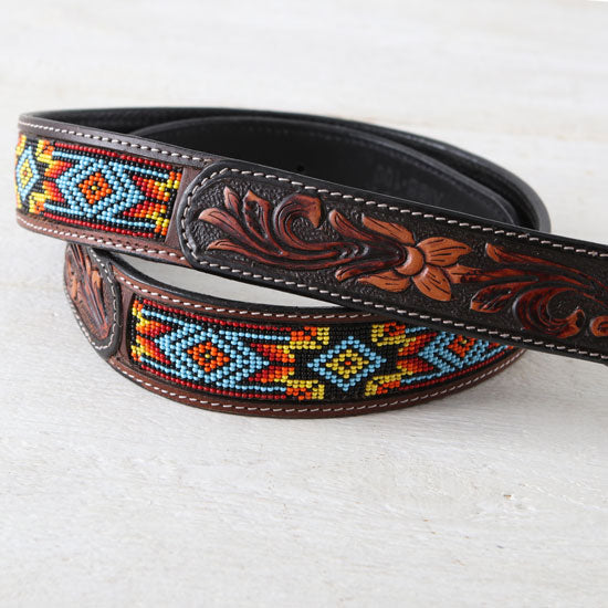 Western Fashion Men's Beaded Floral Tooled Belt