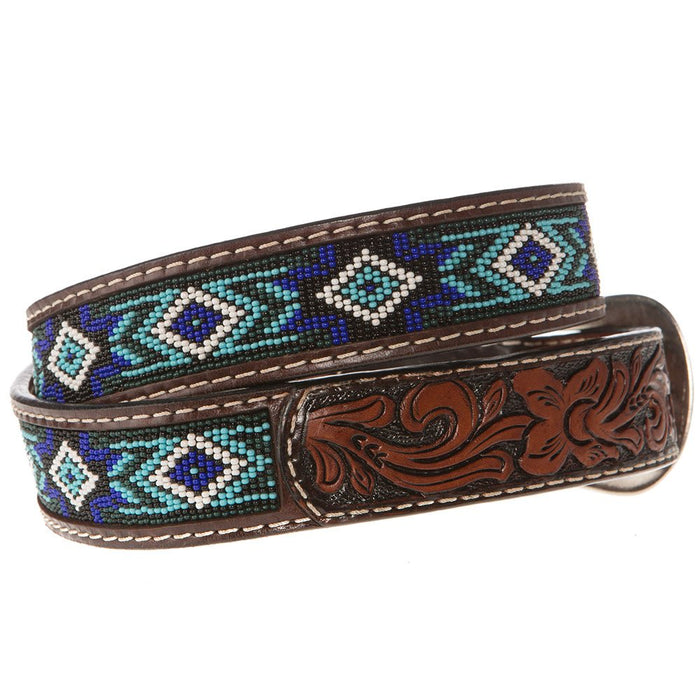 Western Fashion Mens Brown Belt With Blue And Turquoise Beading XIBB101