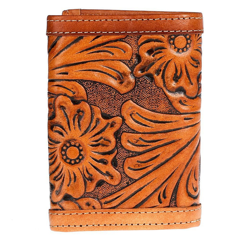 Western Fashion Men's Floral Trifold Wallet with Tan