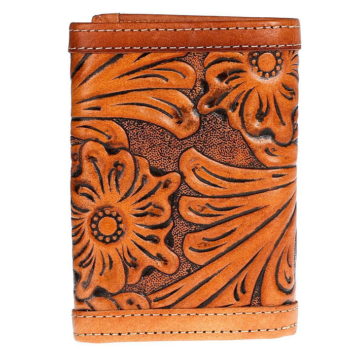 Western Fashion Men's Floral Trifold Wallet with Tan
