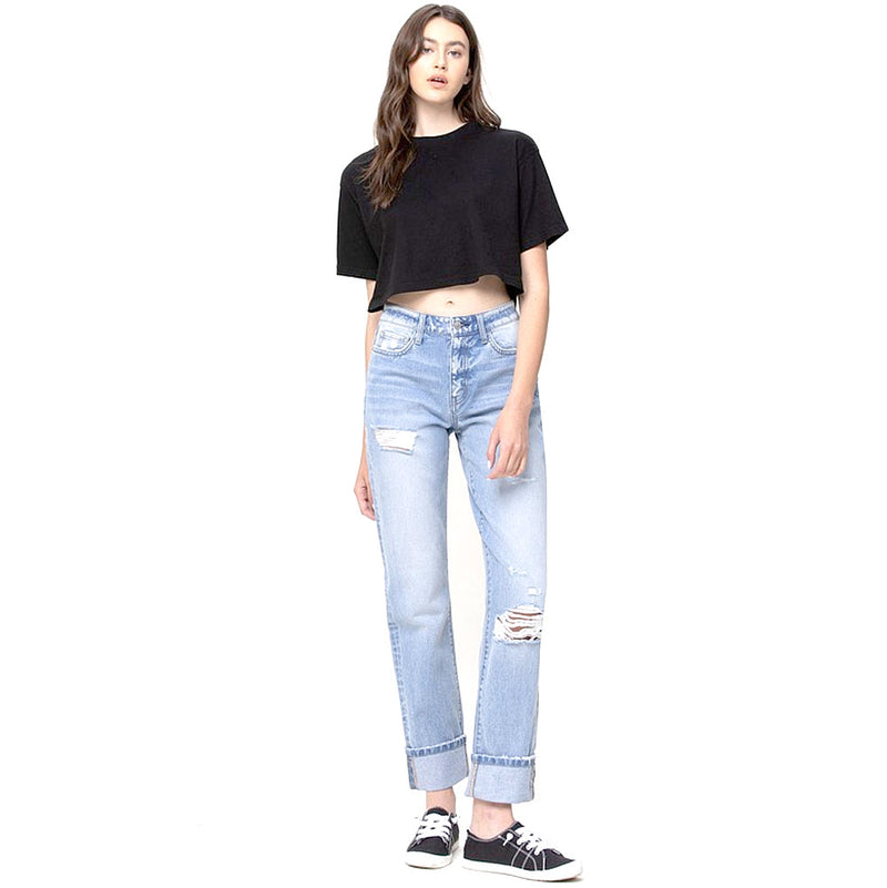 Flying Monkey Women's High Rise 90's Vintage Straight Jeans with Cuff Hem