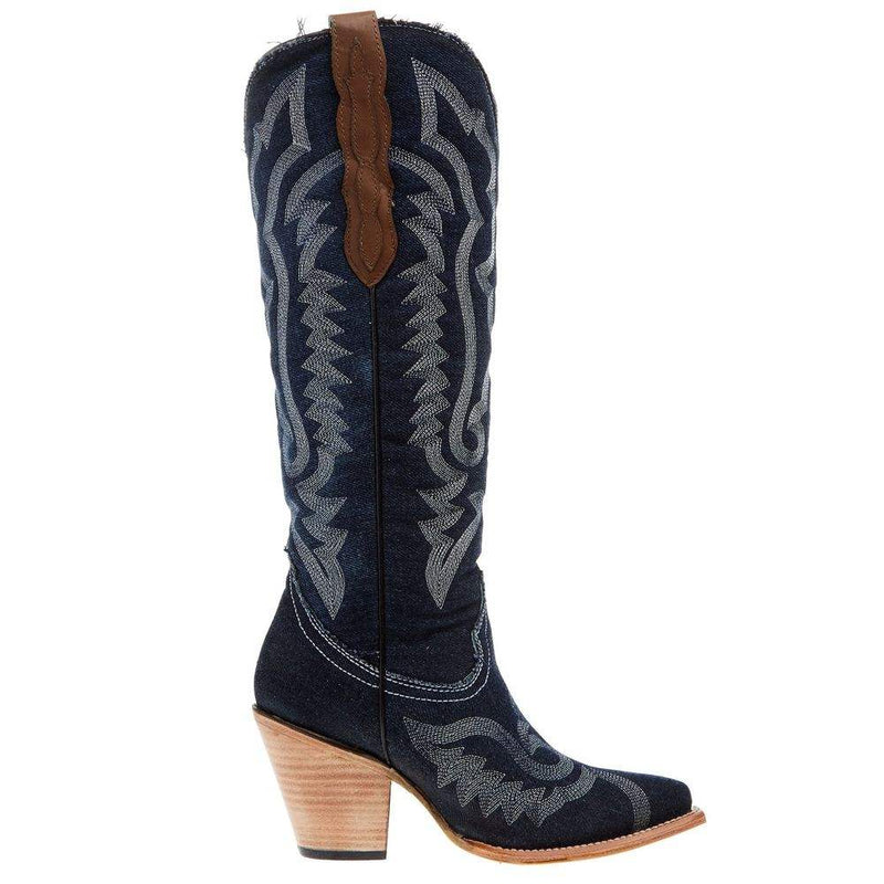 Corral Women`s Denim and White Embroidered 16In Top Boot