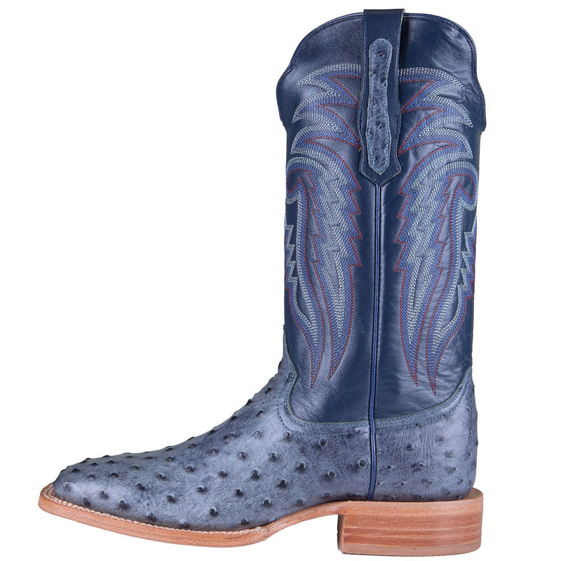 R Watson Boots Men's Denim Full Quill Ostrich Vamp 13in Navy Blue Goat Top