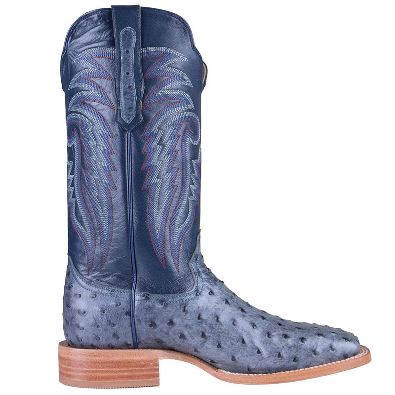 R Watson Boots Men's Denim Full Quill Ostrich Vamp 13in Navy Blue Goat Top