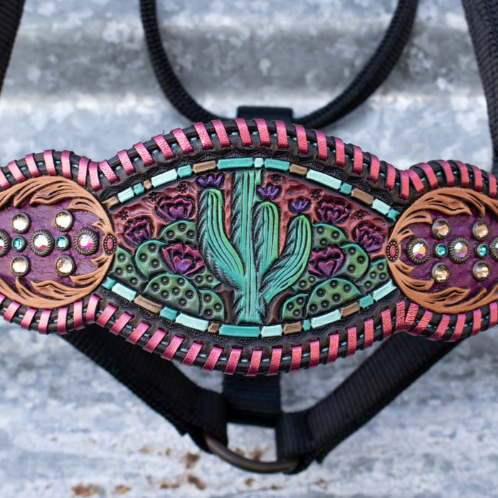 Kk Leathers Whipstitch Prickly Pear Cactus Crystal Bronc Noseband Nylon Halter