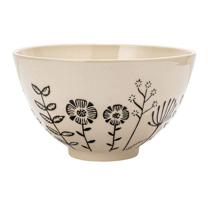 Creative Co-Op Cream and Black Stoneware Floral Serving Bowl