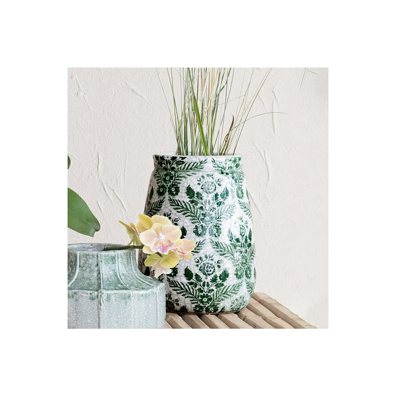 Creative Co-Op Green and White Floral Planter