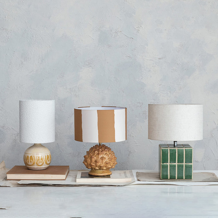 Creative Co-Op Green Ceramic Tiled Table Lamp with Linen Shade