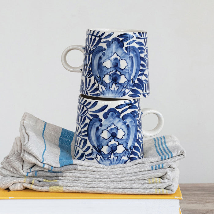 Creative Co-Op Cream/Blue Hand Painted Stoneware Mug