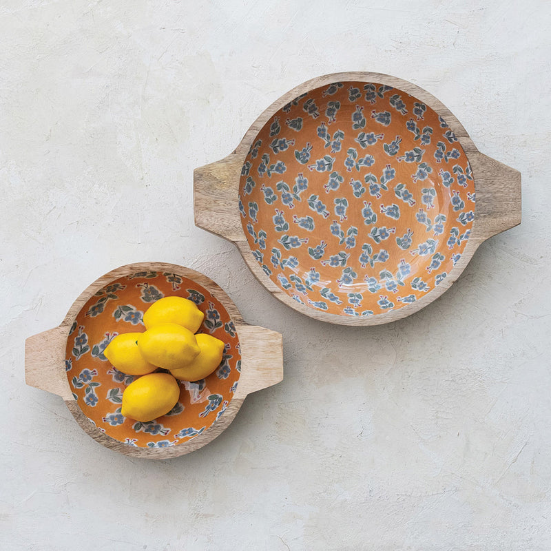 Creative Co-Op Floral Enameled Mango Wood Bowl Set of 2