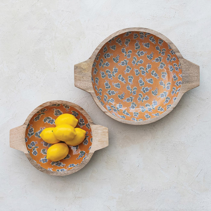 Creative Co-Op Floral Enameled Mango Wood Bowl Set of 2