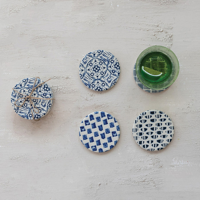 Creative Co-Op Stoneware Tile Pattern Coaster Set