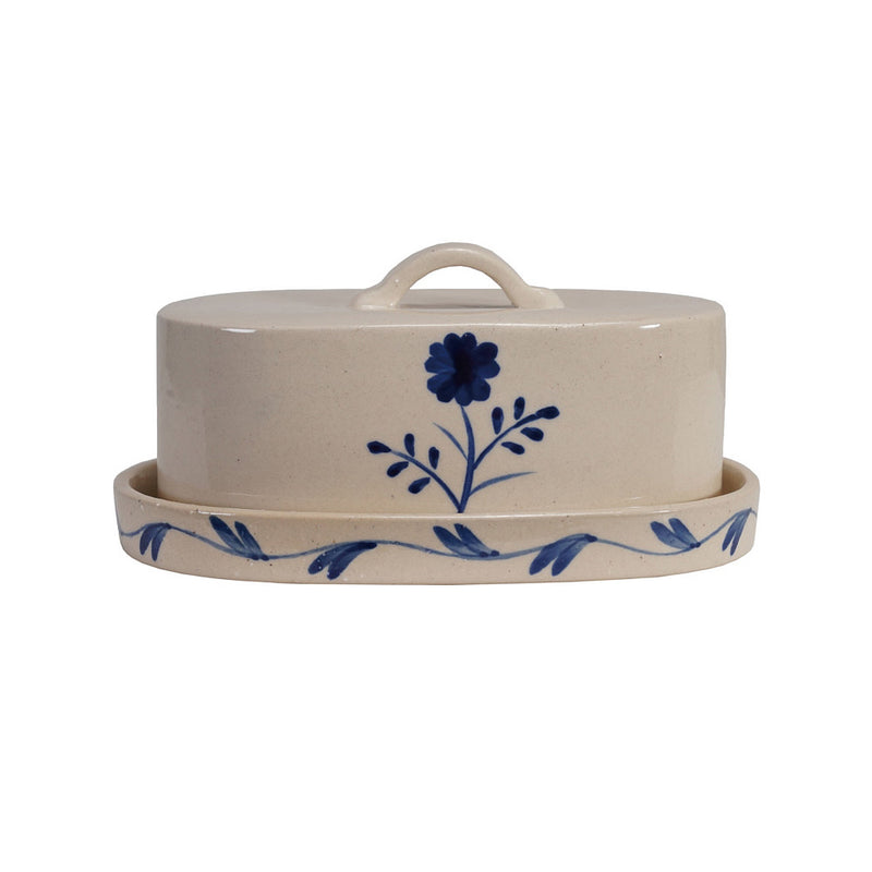 Creative Co-Op Blue/White Painted Stoneware Butter Dish