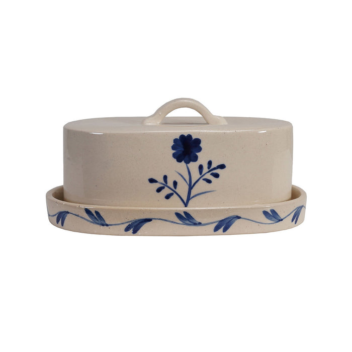 Creative Co-Op Blue/White Painted Stoneware Butter Dish