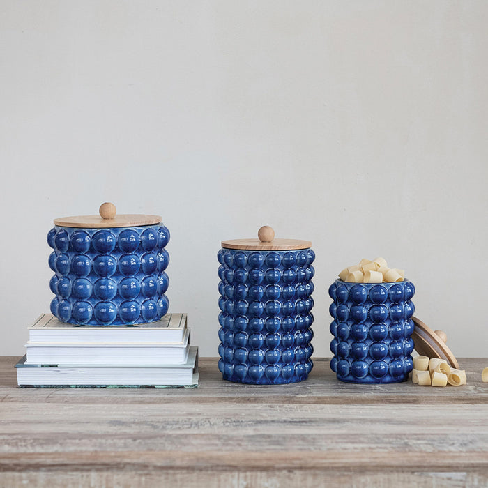 Creative Co-Op Blue Raised Dots Hobnail Canister with Lid