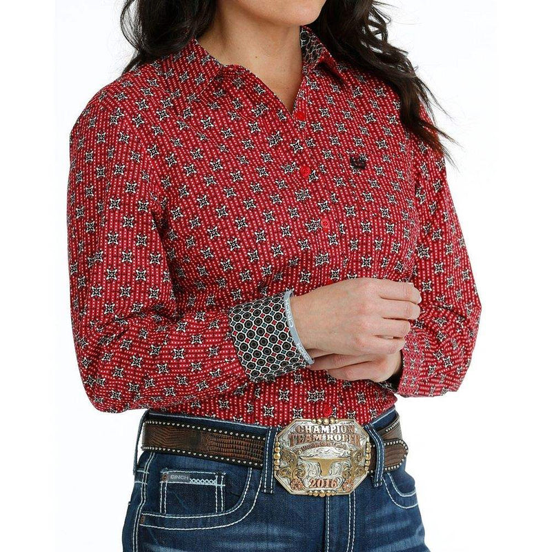 Cinch Womens Red Long Sleeve Print